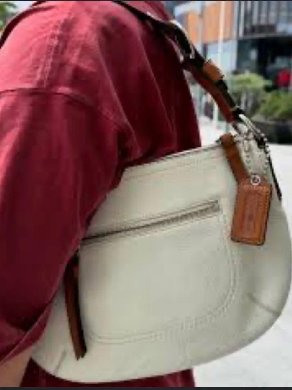 Coach Soho White Pebbled Leather Hobo Shoulder Bag with Tan Trim